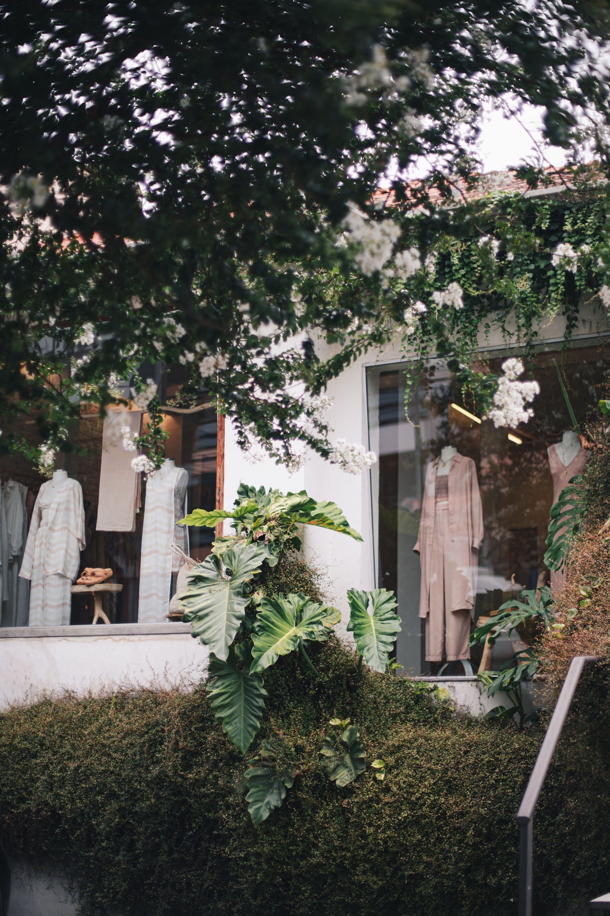 Vitrine da loja Flavia Aranha na Vila Madalena, com roupas claras e vegetação diante da fachada.